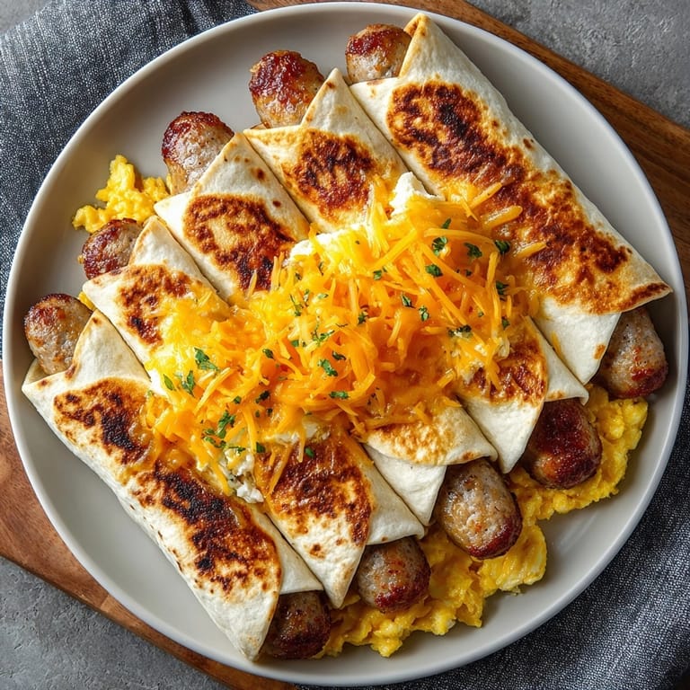 Warm Sausage Egg &amp; Cheese Roll-Ups sliced open, showcasing fluffy eggs and sizzling sausage inside.