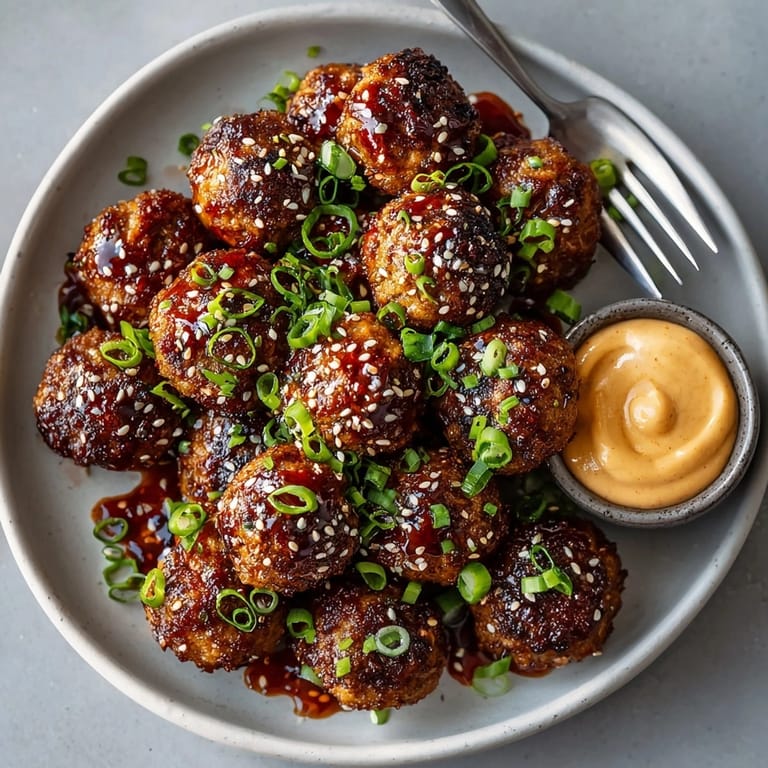 Close-up of tender Korean BBQ Meatballs with Spicy Mayo Dip, ready for game day or family dinner.