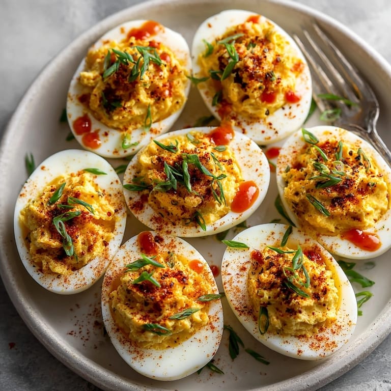 Vibrant Garlic Sriracha Deviled Eggs, piped filling and paprika dusting, perfect for snacking.