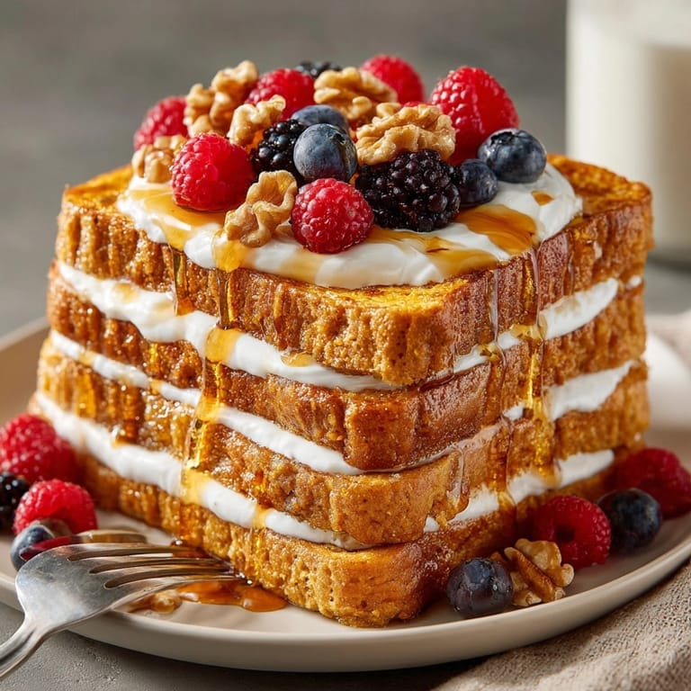 Close-up of Protein Pumpkin French Toast dripping with syrup, showing textured bread and cinnamon dusting.
