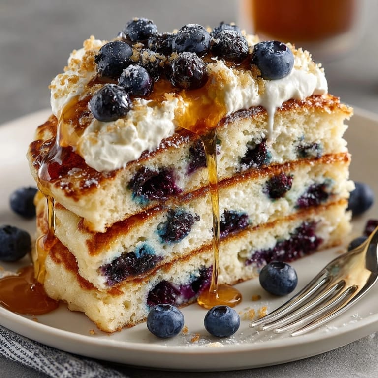 Golden Ricotta Blueberry Pancakes sizzle on a griddle, batter studded with fresh blueberries.
