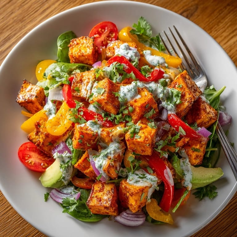 Tangy Cajun Roasted Sweet Potato Salad with avocado, cilantro, ready for summer dining.