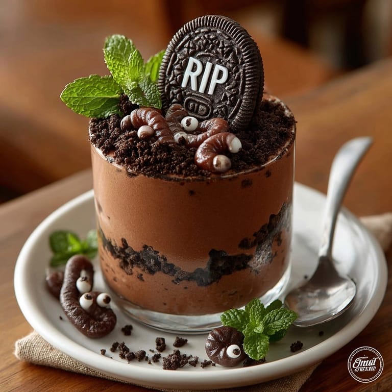 Serve Overnight Oats &quot;Graveyard&quot; chilled—a fun Halloween breakfast treat with gummy worms.