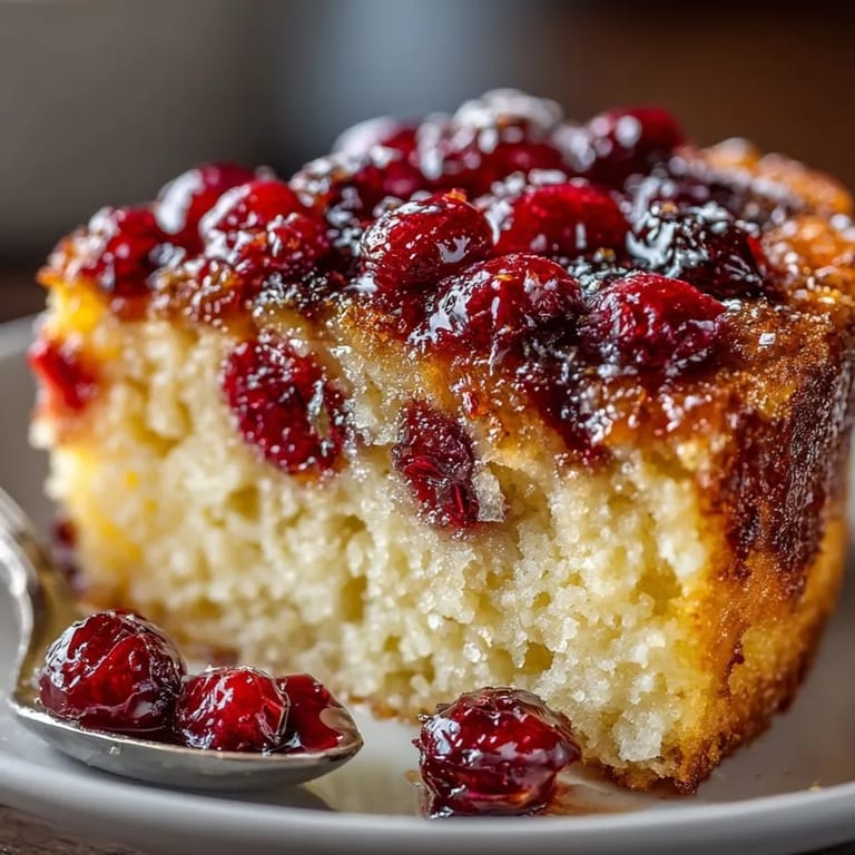 Warm, freshly baked Cranberry Upside-Down Cake, featuring caramelized berries and a moist, buttery crumb.