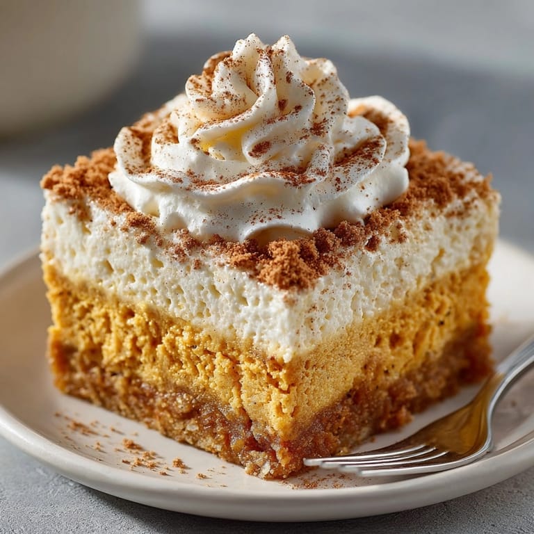 Homemade Pumpkin Magic Cake separates into delicious layers; a comforting, easy-to-make dessert.