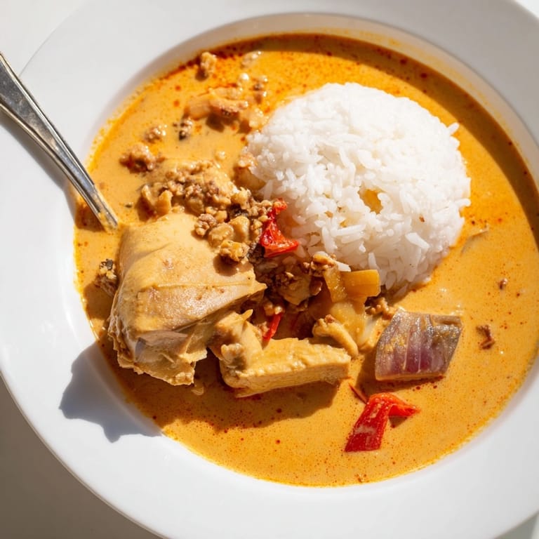 Hearty Peanut Butter Soup with chicken and spices; a flavorful dinner idea.