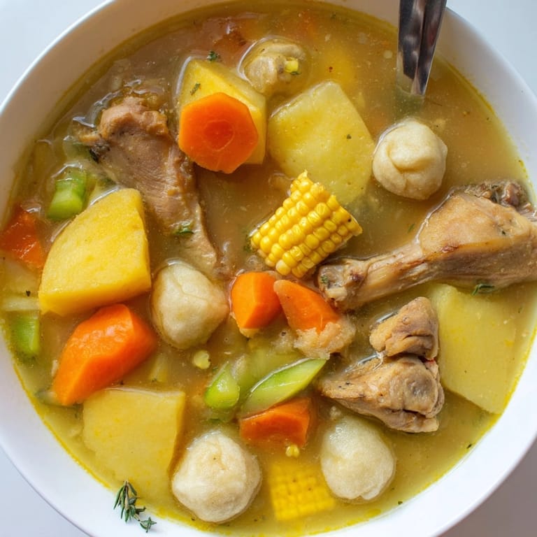 Homemade Jamaican Chicken Soup brimming with vegetables, chicken, and tender dumplings ready to eat.