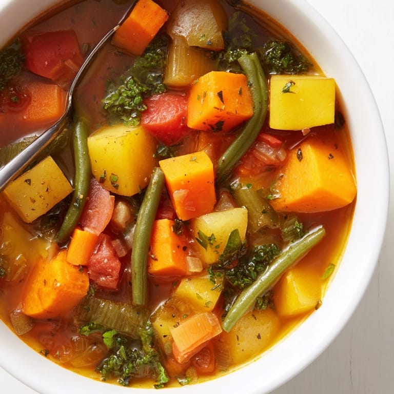 A colorful, comforting Fall Vegetable Soup recipe, showcasing tender vegetables in a rich broth.