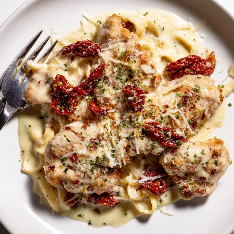Homemade Alfredo Sundried Tomato Chicken Bake: juicy chicken in rich sauce with vibrant tomatoes.
