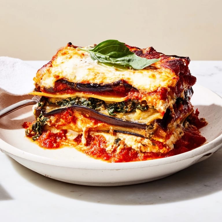 Homemade Cheesy Ricotta Eggplant Lasagna, steaming from the oven, ready to be sliced.