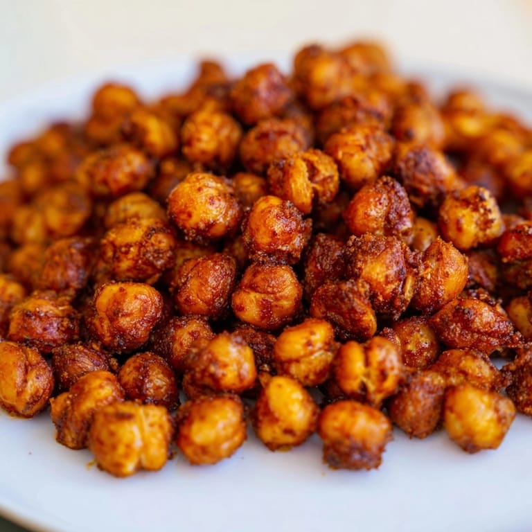 Hot, crunchy garlic BBQ roasted chickpeas: a flavorful vegan snack, ready to serve.