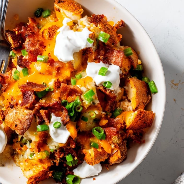 A delicious Cajun Chicken Loaded Potato Bake casserole with sour cream and crunchy bacon.