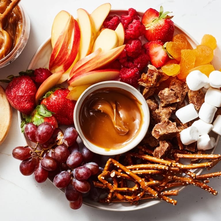 Colorful apple slices and vibrant fruits on a beautiful vegan caramel charcuterie board.