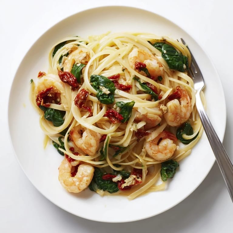 A vibrant bowl of light sundried tomato shrimp pasta with juicy shrimp and herbs.