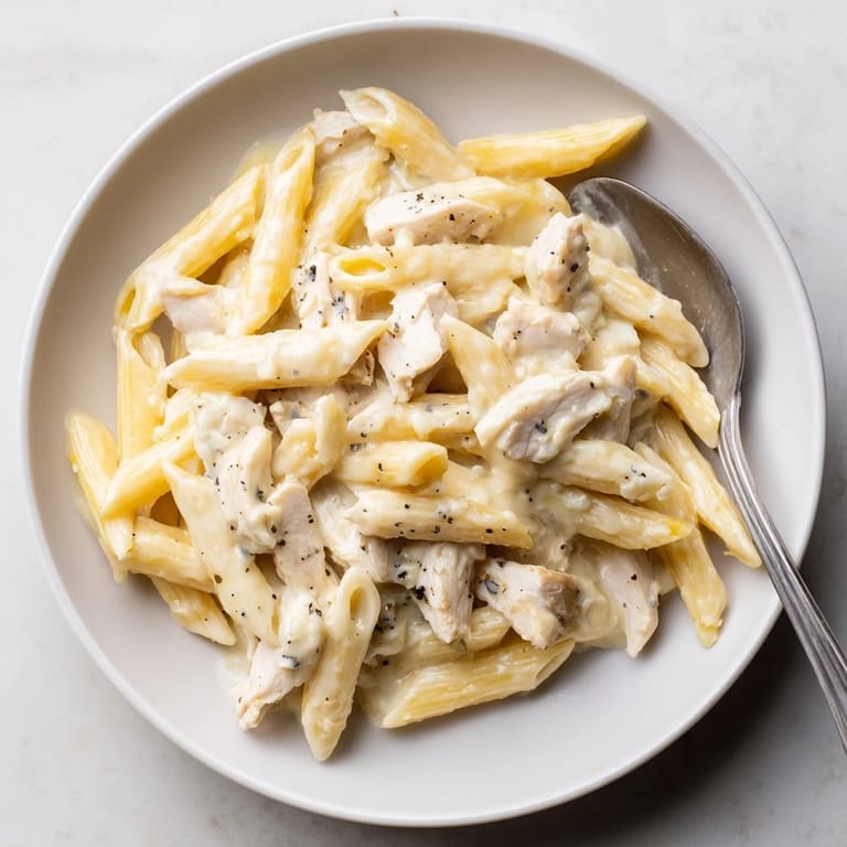 Deliciously rich Creamy Chicken and Cream Cheese Pasta garnished with black pepper flakes.  