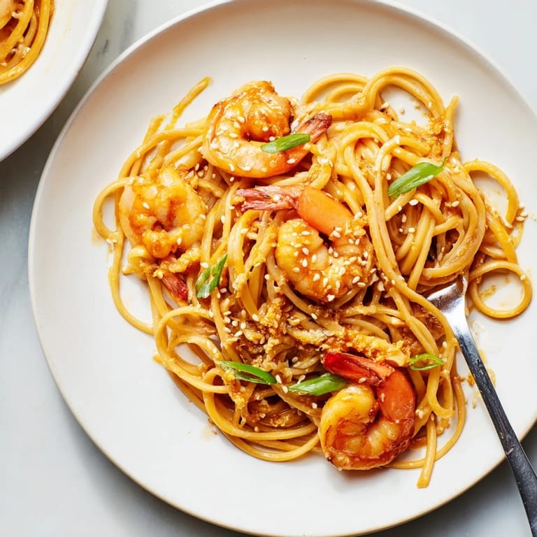 Deliciously sautéed shrimp in tangy orange-ginger sauce over linguine noodles.  