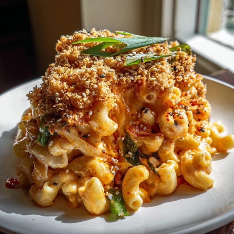 Deliciously bold Spicy Kimchi Mac & Cheese, featuring melted cheeses and tangy bites.  