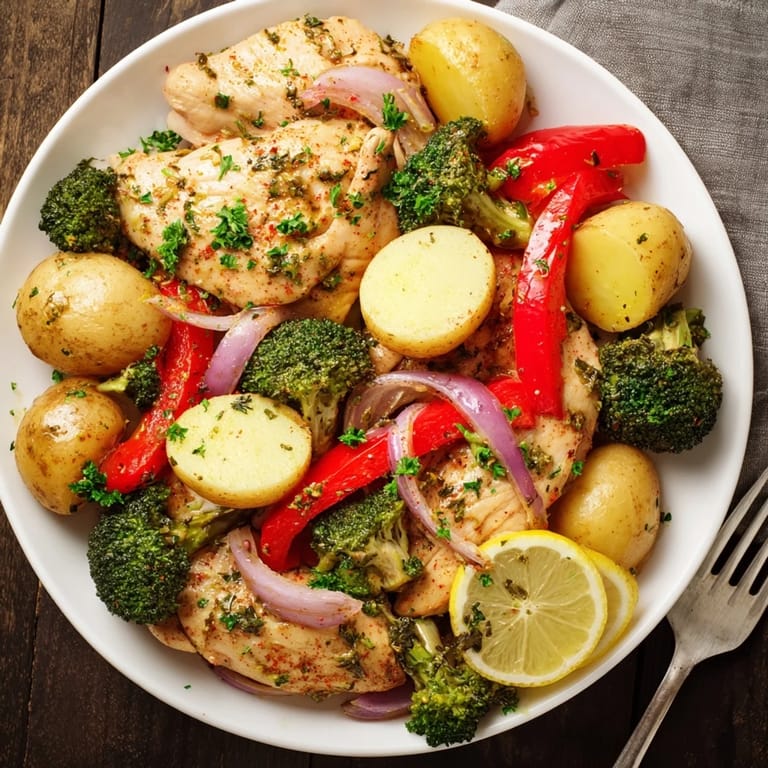 Succulent Lazy Gourmet Chicken & Vegetable One-Pot served with fresh parsley and lemon slices.  