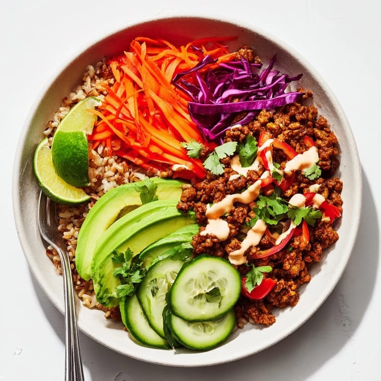 Delicious plant-based meat bowl filled with nutritious ingredients and zesty lime.  