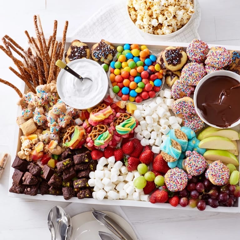 Delicious dessert platter featuring vibrant fruits, brownies, and chocolate dips for sharing.