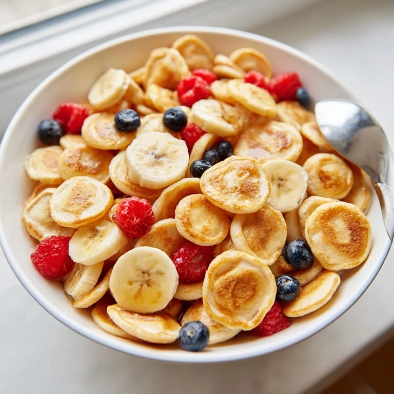 Crispy mini pancake cereal topped with maple syrup for a delightful breakfast treat.  