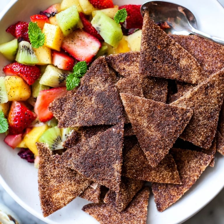 Homemade Dessert Chips & Salsa features sweet, crunchy chips and fresh fruit medley.  