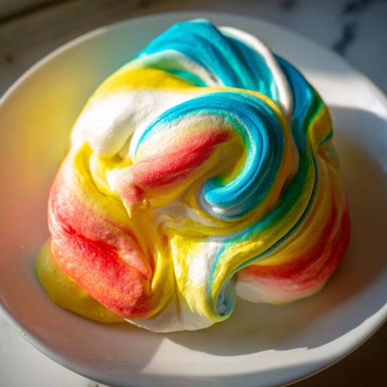 Delightful Cloud Bread Rainbow Version baked to golden, bursting with cheerful colors.
