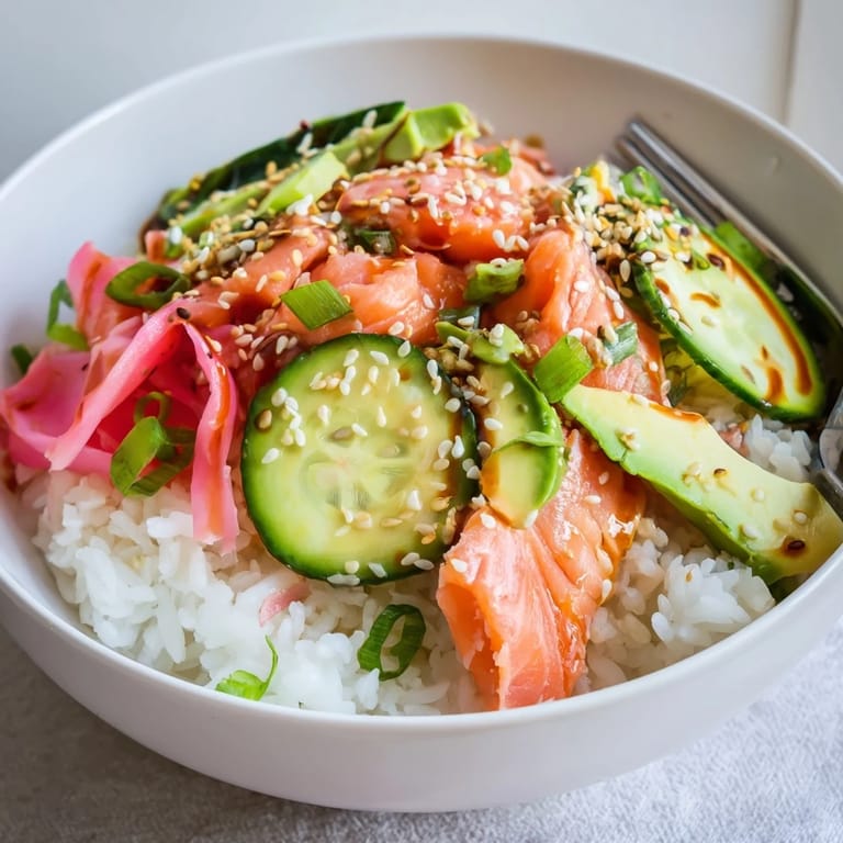 Quick and nutritious Leftover Salmon & Rice Bowl with vibrant pickled ginger toppings.
