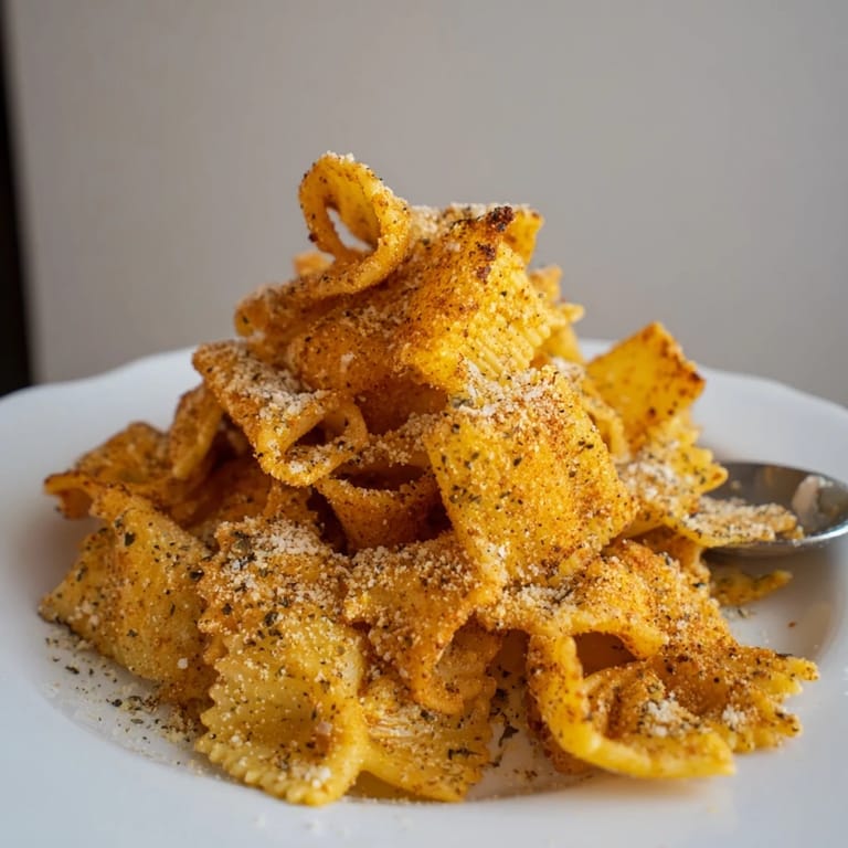 Baked pasta chips tossed in spices, a crunchy snack ideal for gatherings.  