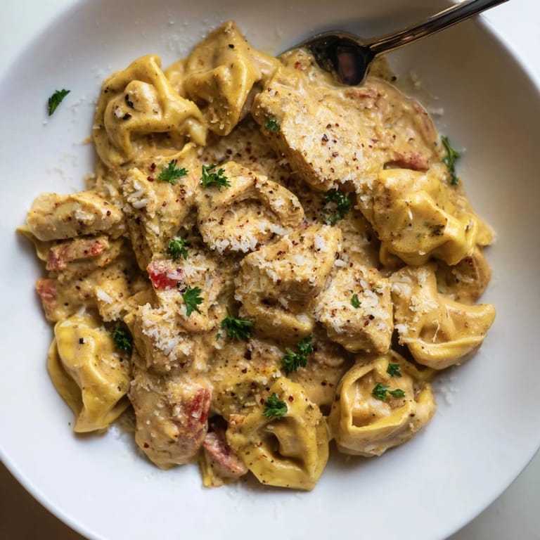 Creamy and spicy Zesty Cajun Garlic Parmesan Chicken Tortellini, ideal for quick dinners.