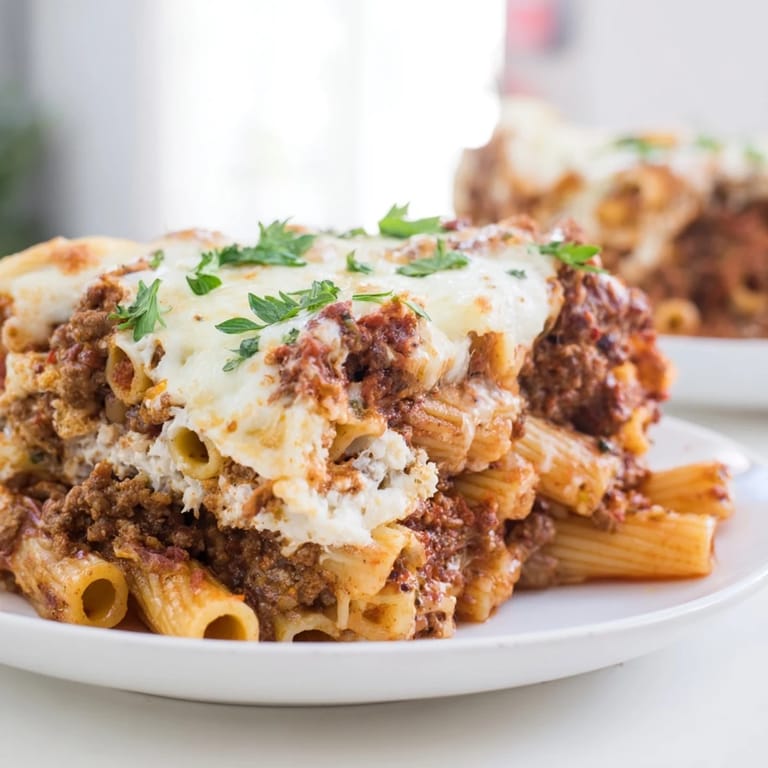 Golden-brown, baked perfection: a generously layered casserole of Baked Ziti with Meat Sauce, ready to be served.