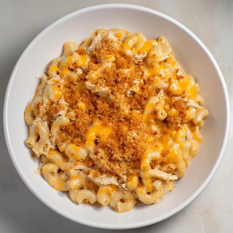 Delectable close-up of cheesy Classic Mac & Cheese with BBQ Chicken, ready to be served hot.