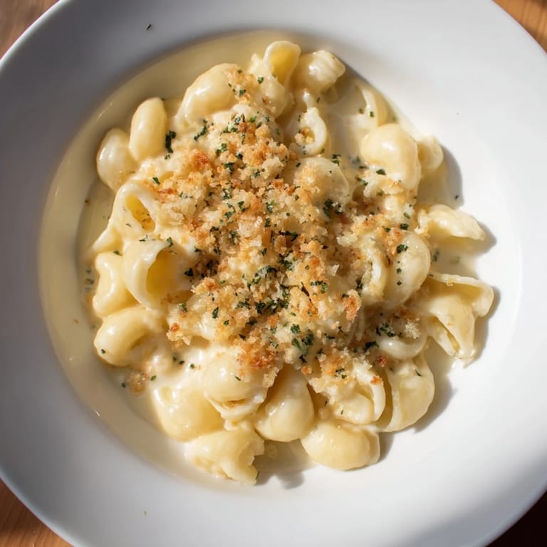 Steaming bowl of Truffle Macaroni & Cheese, garnished and ready for a delicious meal.
