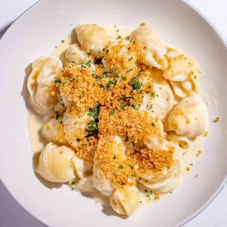 A close-up of creamy Truffle Macaroni & Cheese, rich with melted cheese and pasta.