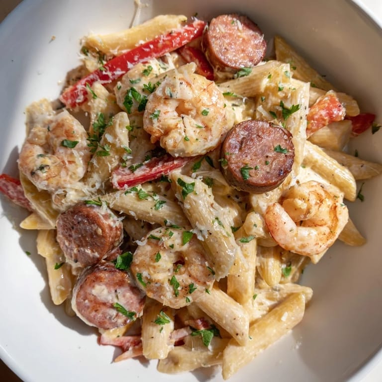 Close-up of a flavorful Cajun Sausage & Shrimp Alfredo Pasta dish, ready for serving.