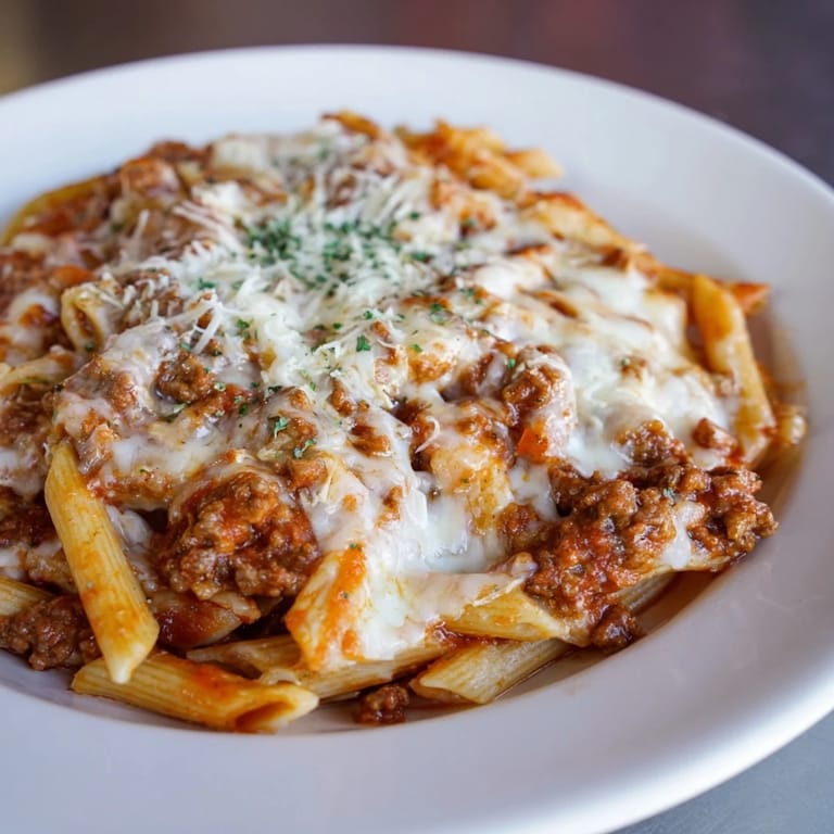 Family-friendly Cheesy Beef & Penne Bake, served hot, showcasing the tender pasta and hearty beef filling.