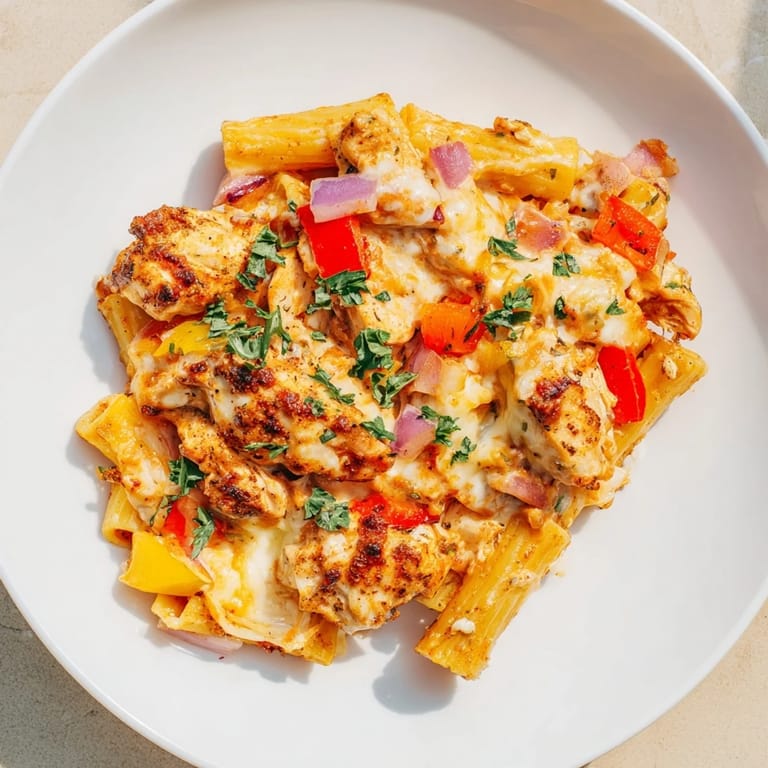 Golden brown Cajun chicken pasta bake, served steaming, with colorful bell peppers in the creamy sauce.