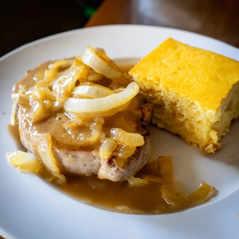 Close-up of juicy smothered pork chops with rich gravy, complemented by delicious homemade cornbread.