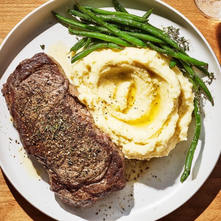Perfectly cooked Steak & Garlic Mash: imagine tender sirloin next to fluffy, golden garlic mashed potatoes.
