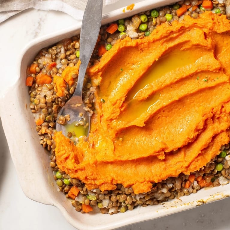Hearty lentil and vegetable filling bubbling underneath a beautifully browned Veggie Shepherd's Pie crust.
