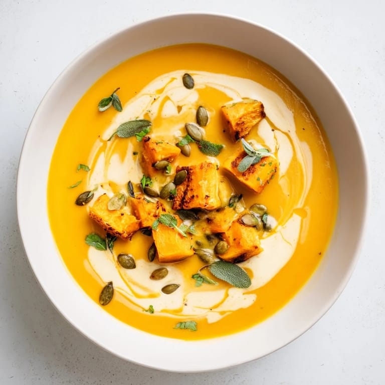 Pureed Chickpea, Pumpkin & Sage Soup showcasing roasted pumpkin, ready to be served hot.