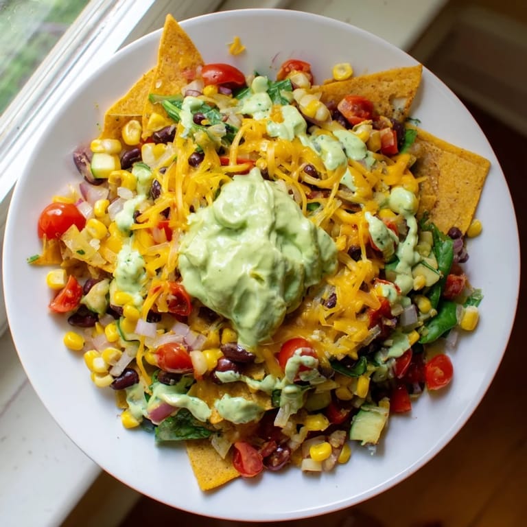 A steaming skillet of veggie-packed Taco Skillet, topped with melted cheese and creamy avocado yogurt.