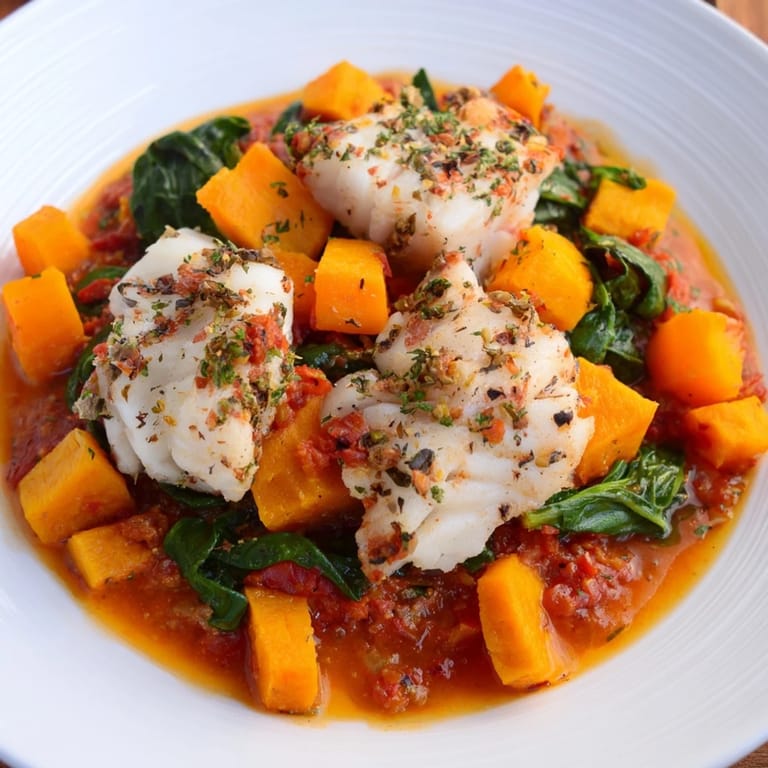 Flaky Baked Cod sitting atop tender vegetables offers a healthy and delicious Mediterranean-inspired meal choice.
