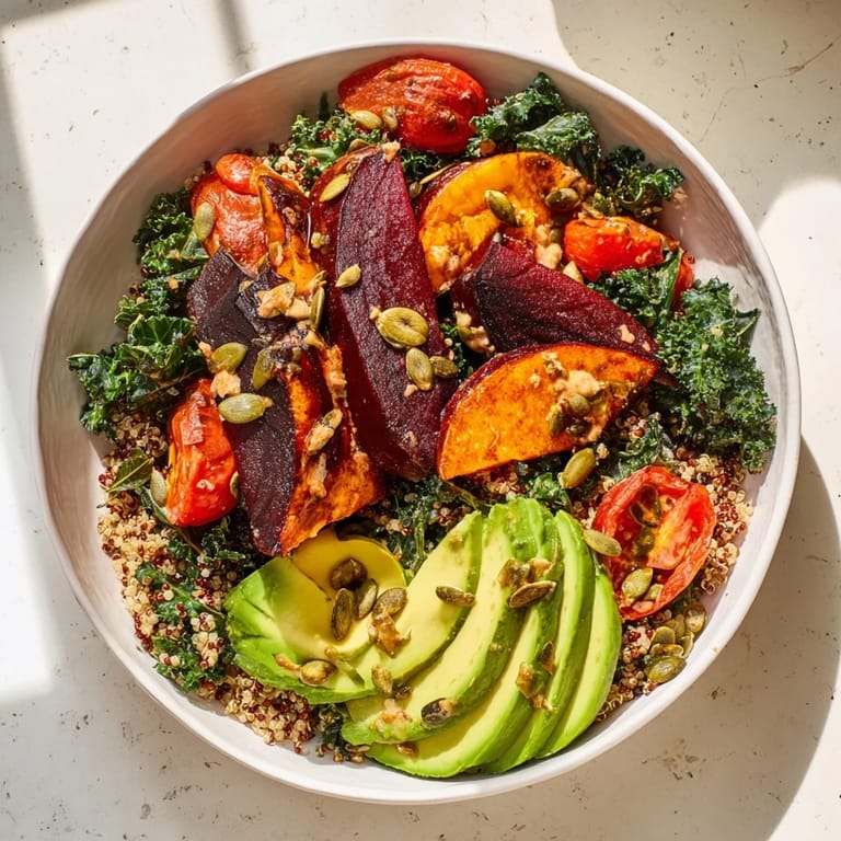 Beautifully plated quinoa, kale, and roasted beet bowl, featuring colorful veggies and a tangy tahini sauce.