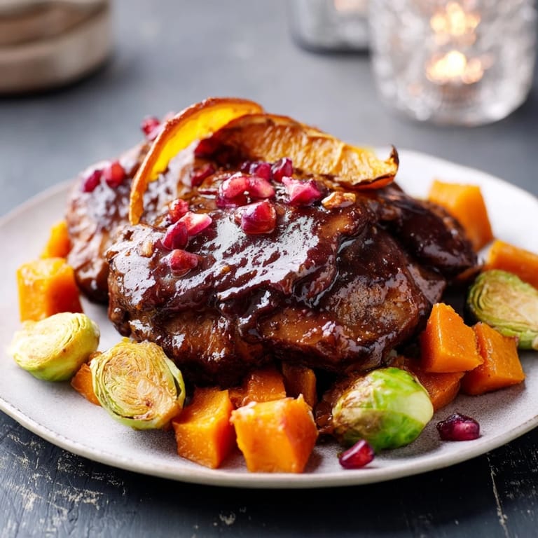 Golden-brown Sheet-Pan Roasted Turkey Breast, surrounded by colorful roasted winter vegetables and a rich glaze.