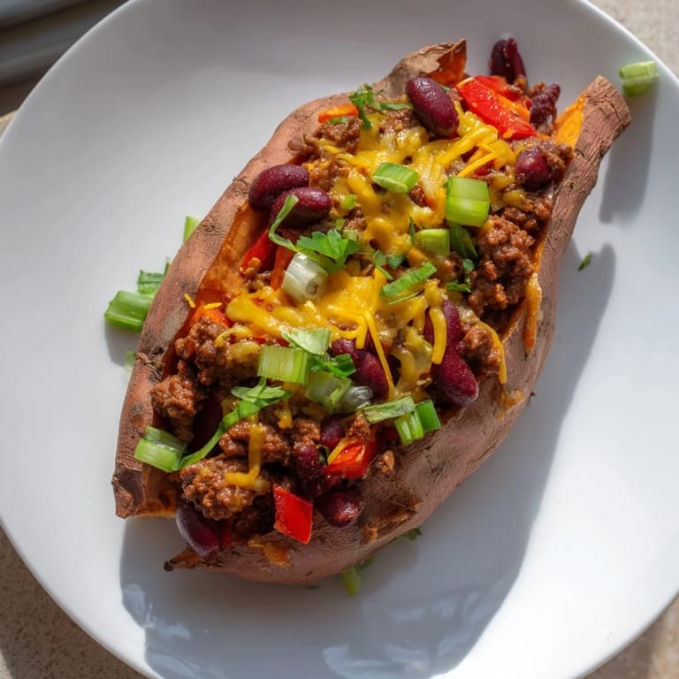 A close-up of a tender baked sweet potato loaded with savory, homemade chili for a hearty meal.