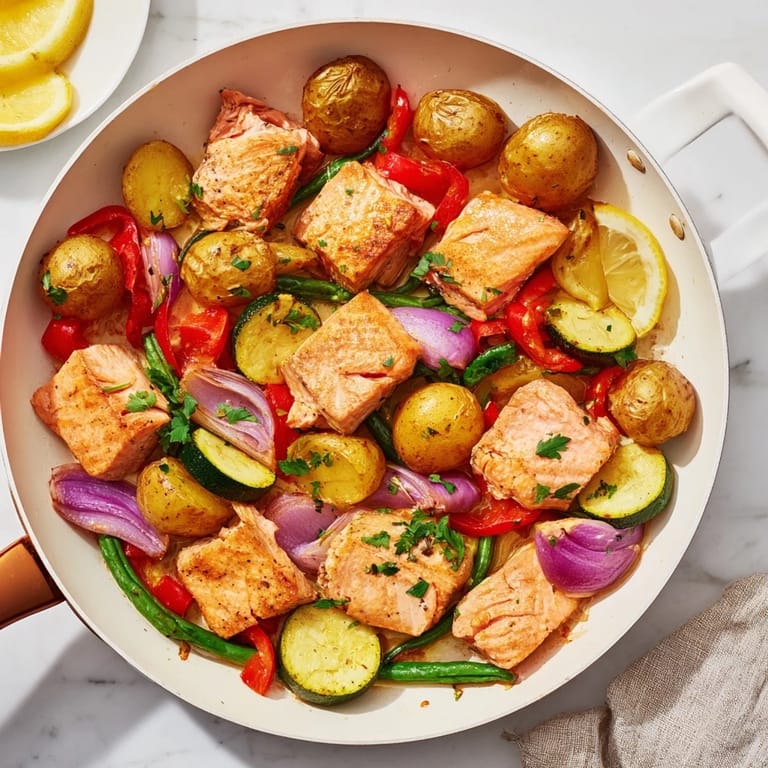 A freshly-cooked Salmon & Potato Skillet dish, steaming hot, features a medley of colorful, tender ingredients.