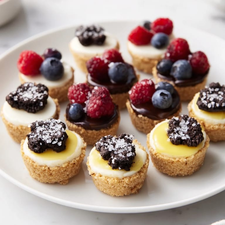 Close-up on the Mini Dessert Bites, showcasing the creamy cheesecake, chocolate tart, and tangy lemon tarts.