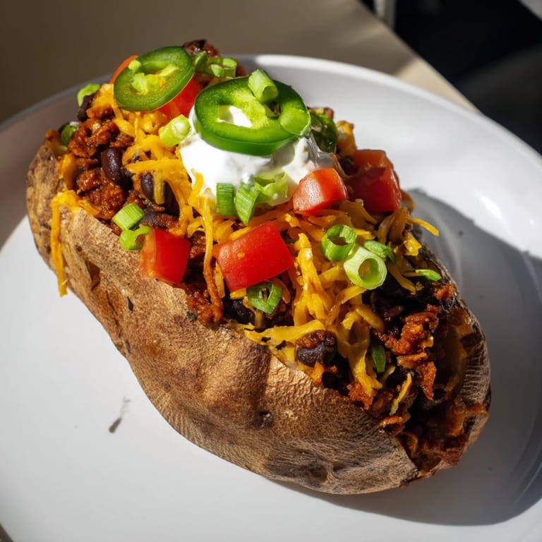 Golden-crusted loaded baked potato with chili and cheese, garnished with fresh green onions.