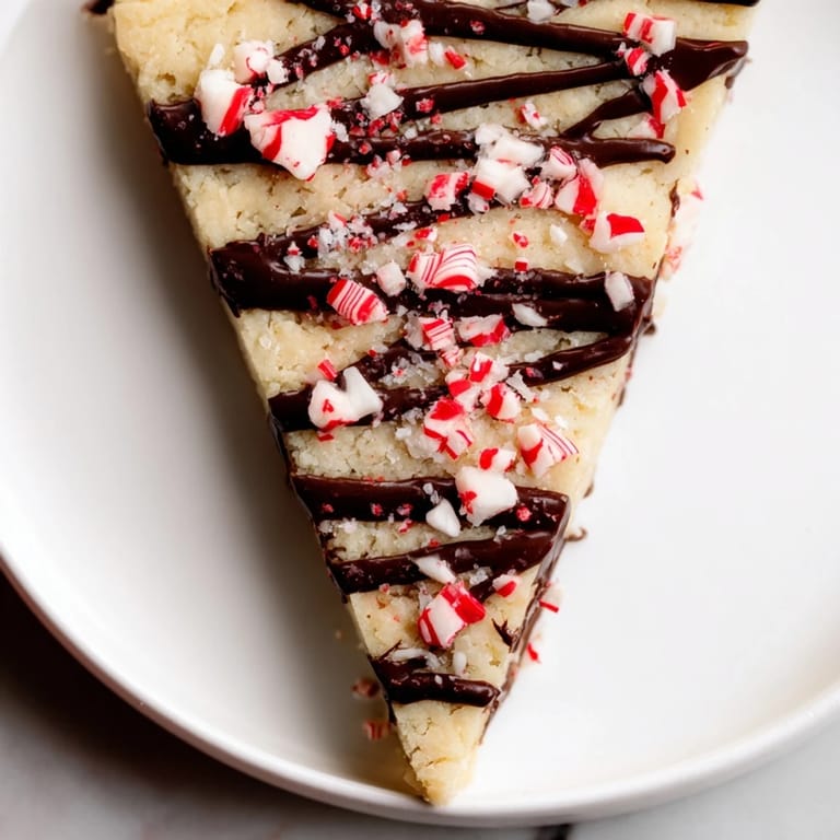 Golden-baked chocolate peppermint shortbread wedges with melted chocolate, perfect for dessert or sharing.